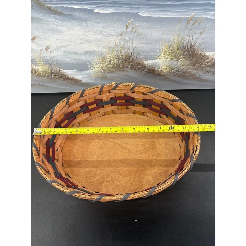 Handmade Jacob & Sarah Yoder Woven Splint Basket Oval Wood Base Blue Burgundy